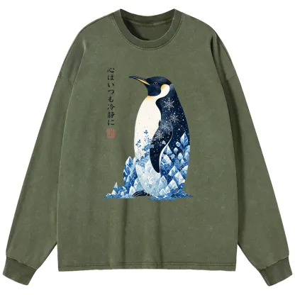 Tokyo-Tiger Keep Calm Penguin Washed Long Sleeve T-Shirt