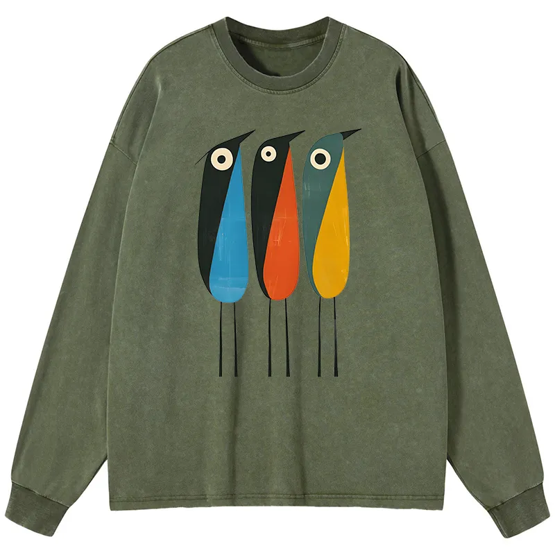 Tokyo-Tiger Bold Shape Birds Washed Long Sleeve T-Shirt Sale