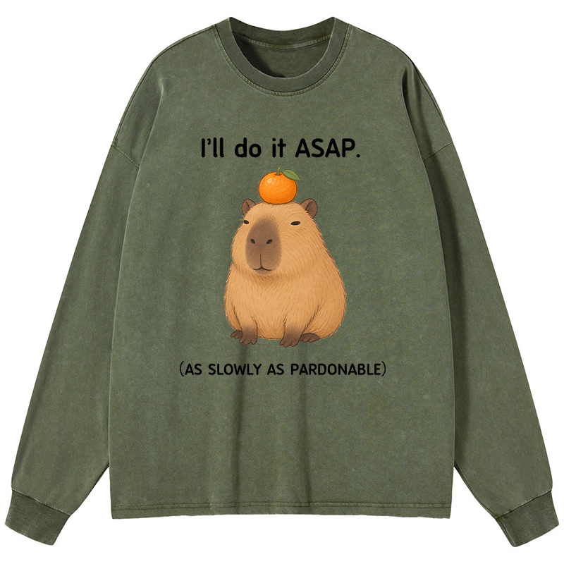 Tokyo-Tiger Slow Task Capybara Meme Washed Long Sleeve T-Shirt