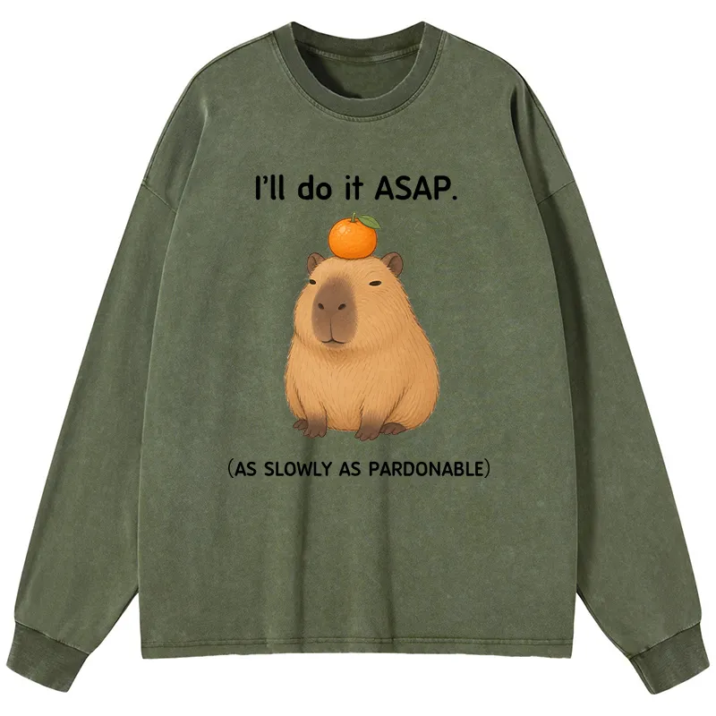 Tokyo-Tiger Slow Task Capybara Meme Washed Long Sleeve T-Shirt