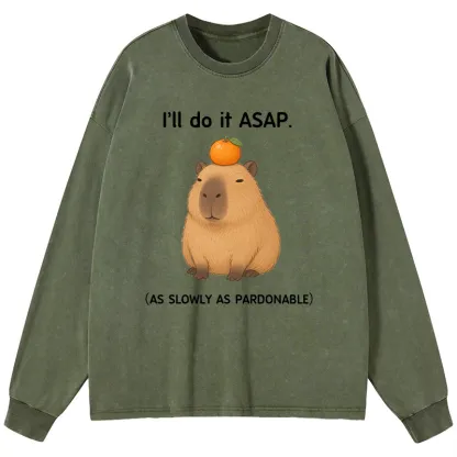 Tokyo-Tiger Slow Task Capybara Meme Washed Long Sleeve T-Shirt