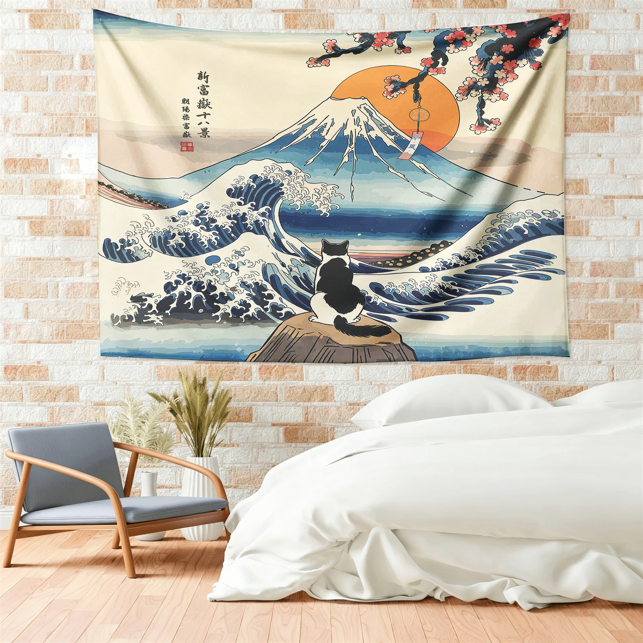 Tokyo-Tiger Cat Looking At The Great Wave Tapestry