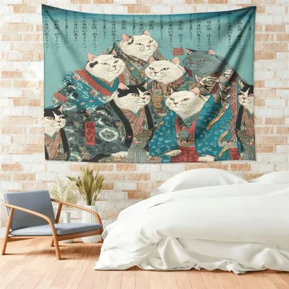Tokyo-Tiger Formal Gathering of Ukiyo-e Cat Nobles Tapestry