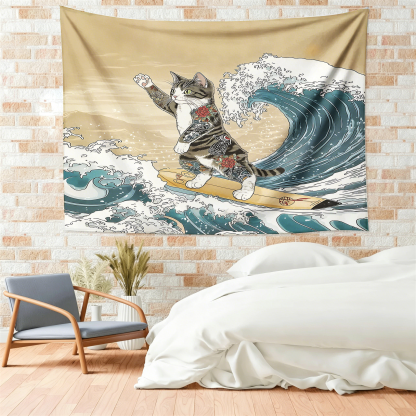 Tokyo-Tiger Cat Surfing Tapestry
