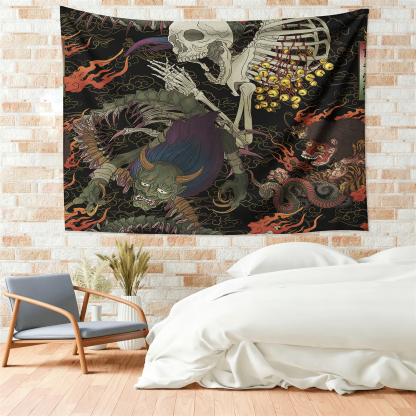 Tokyo-Tiger Japanese Yokai And Skeletons Tapestry