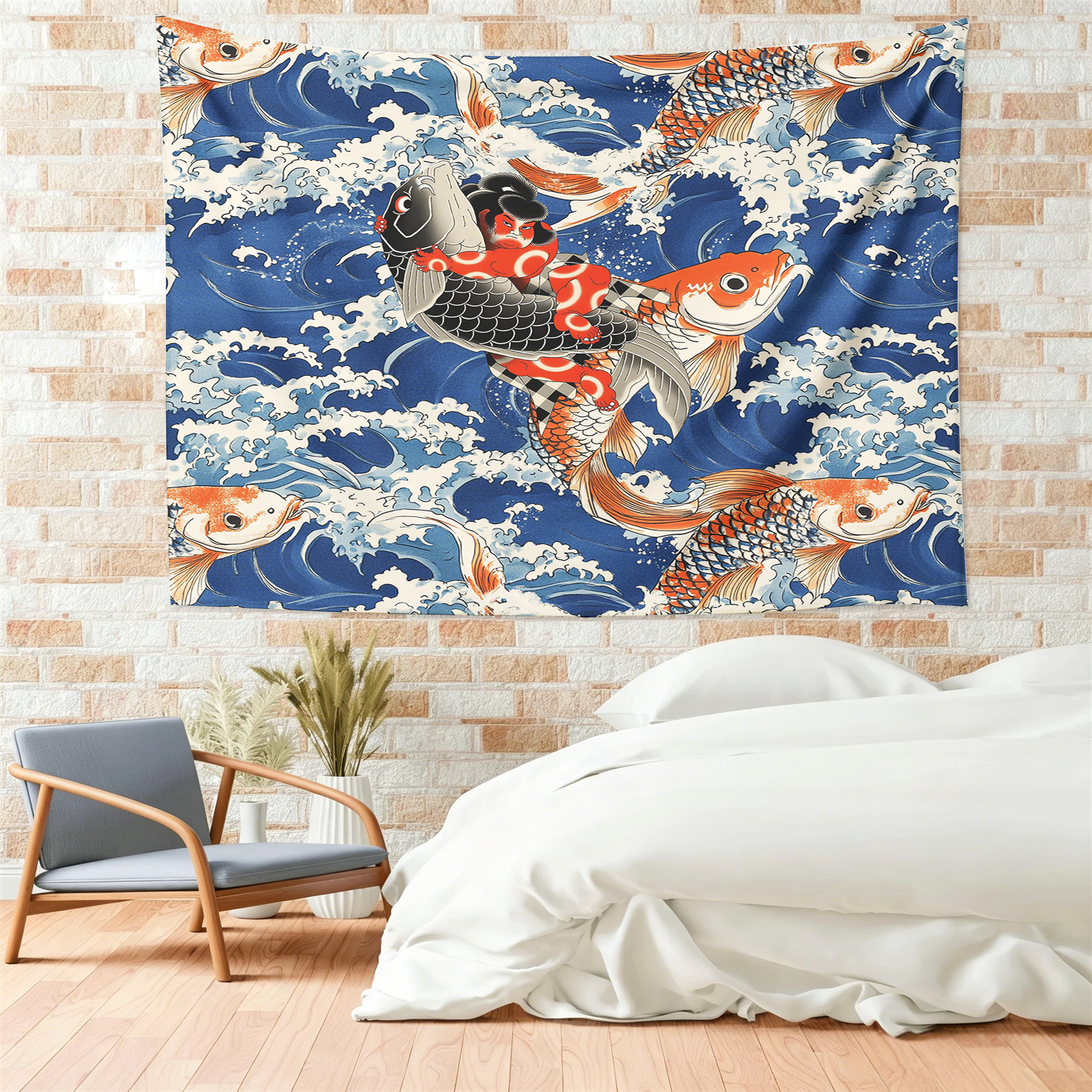 Tokyo-Tiger Sumo Wrestler Holding A Koi Tapestry