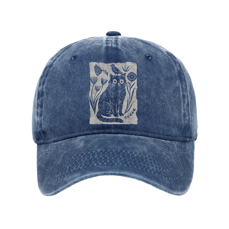 Tokyo-Tiger Folk Paper Cut Cat Bird Floral Art Washed Cap