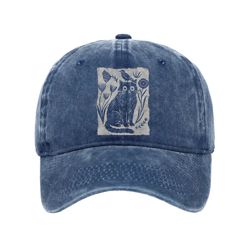 Tokyo-Tiger Folk Paper Cut Cat Bird Floral Art Washed Cap Sale