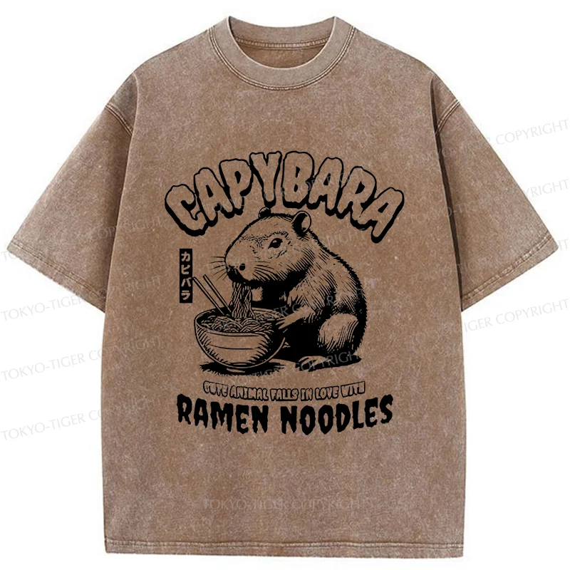 Tokyo-Tiger Retro Capybara Eating Ramen Washed T-Shirt