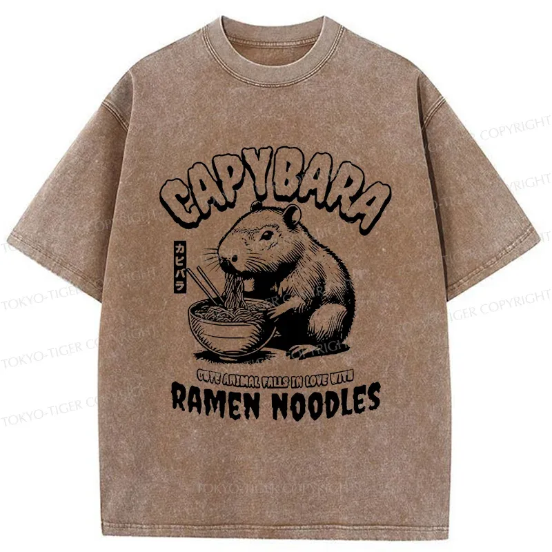 Tokyo-Tiger Retro Capybara Eating Ramen Washed T-Shirt
