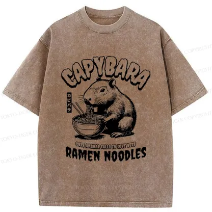 Tokyo-Tiger Retro Capybara Eating Ramen Washed T-Shirt