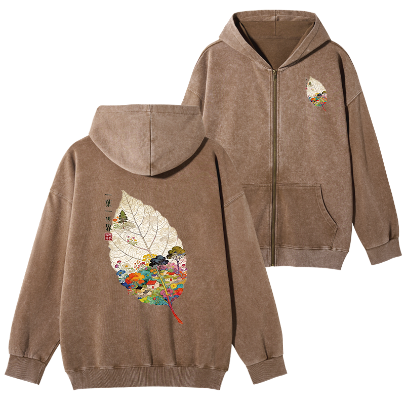Tokyo-Tiger One Leaf Holds A Tiny Colorful World Washed Zip Hoodie