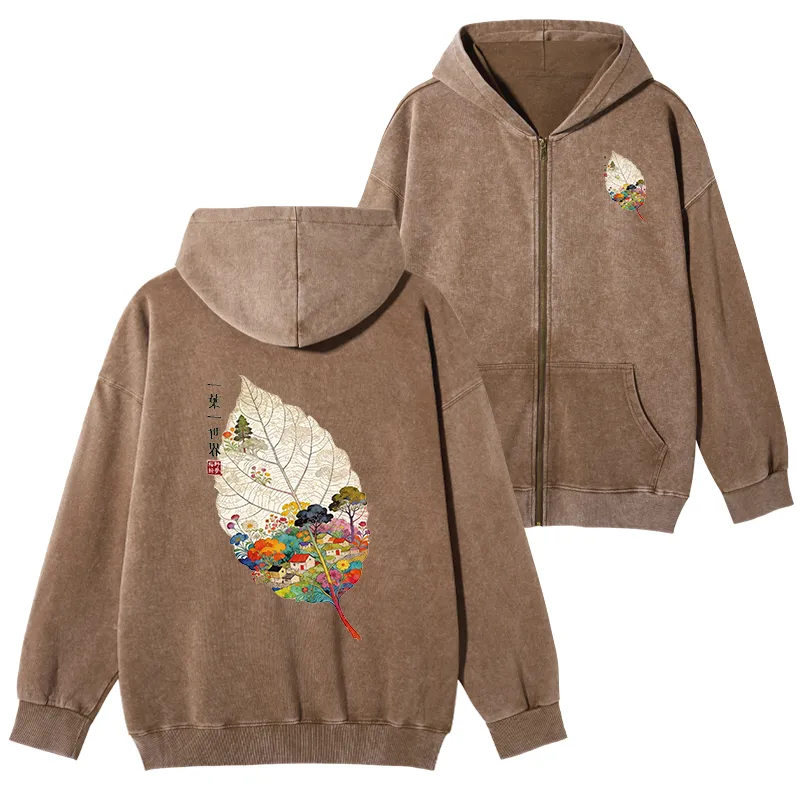Tokyo-Tiger One Leaf Holds A Tiny Colorful World Washed Zip Hoodie