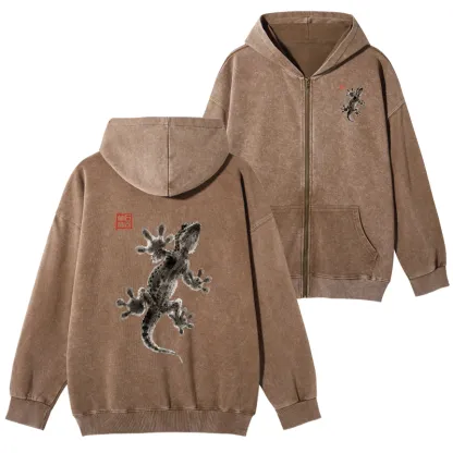 Tokyo-Tiger Minimal Asian Ink Brush Gecko Vibe Washed Zip Hoodie