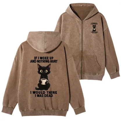 Tokyo-Tiger Funny Cute Black Cat And Coffee Meme Washed Zip Hoodie