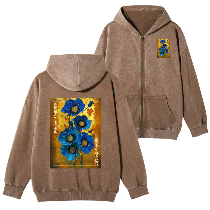 Tokyo-Tiger Shiny Blue Flower Warm Golden Background Washed Zip Hoodie