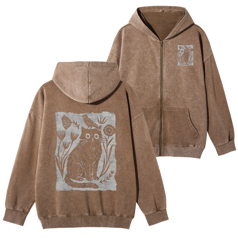 Tokyo-Tiger Folk Paper Cut Cat Bird Floral Art Washed Zip Hoodie