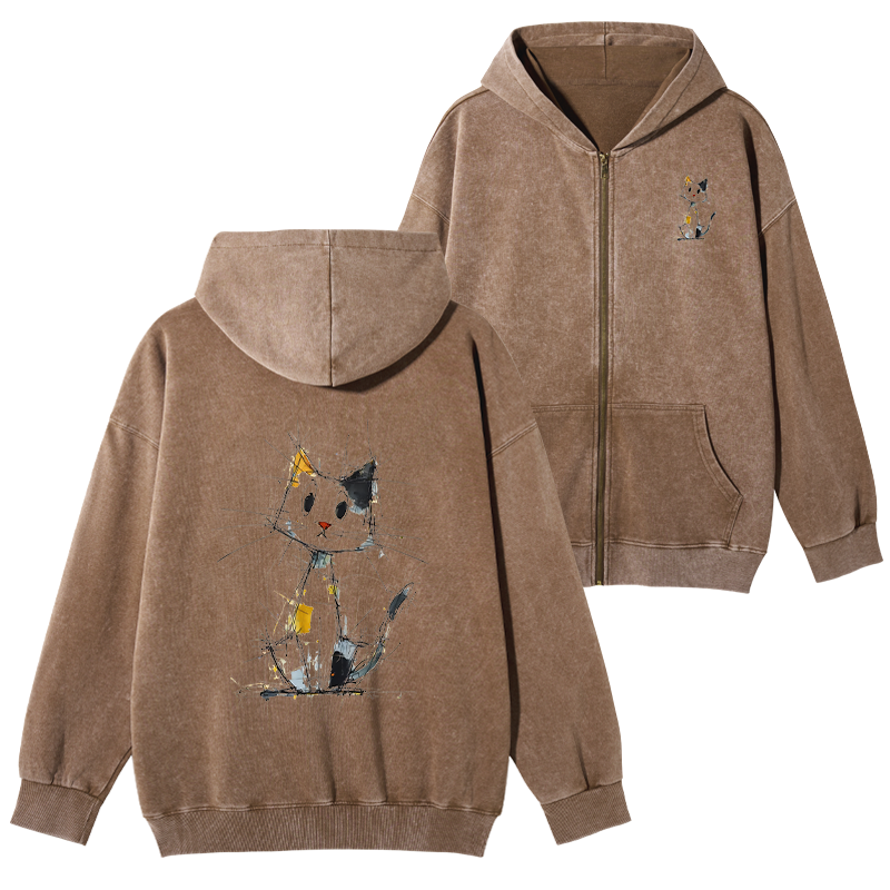Tokyo-Tiger Minimal Splash Ink Cute Cat Washed Zip Hoodie