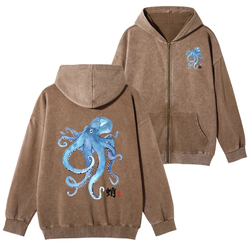 Tokyo-Tiger Watercolor Blue Octopus Washed Zip Hoodie