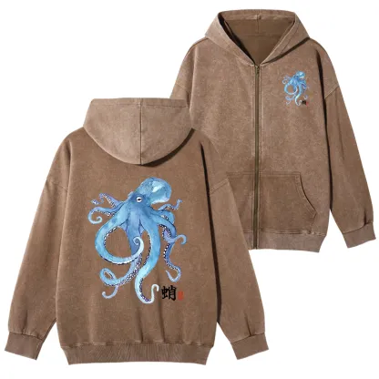Tokyo-Tiger Watercolor Blue Octopus Washed Zip Hoodie