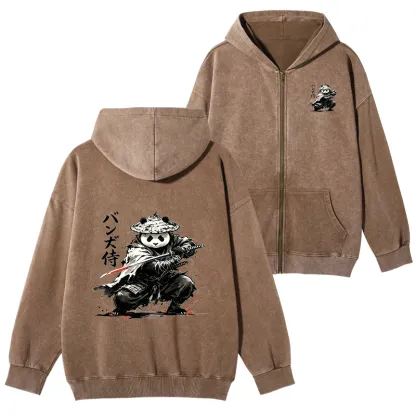 Tokyo-Tiger Panda Samurai Warrior Washed Zip Hoodie