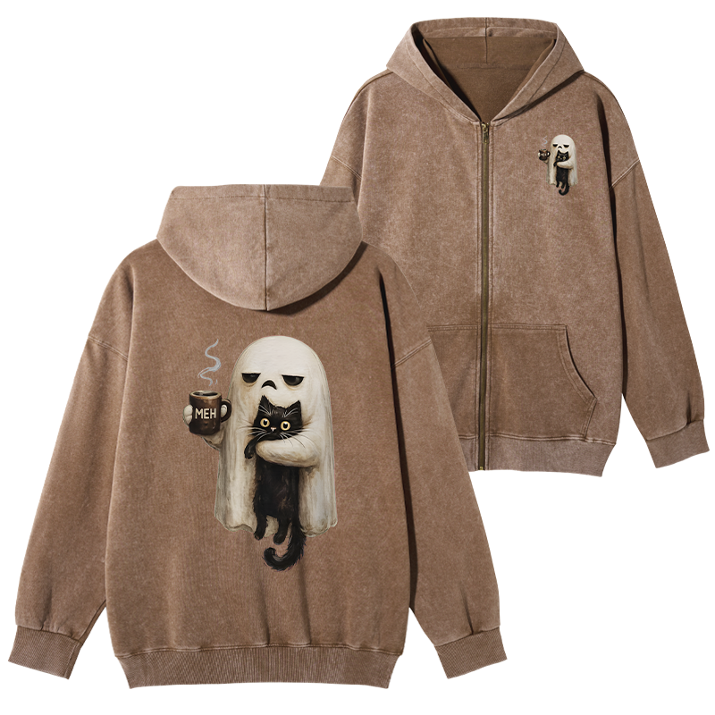 Tokyo-Tiger Ghost Cat Coffee Mood Washed Zip Hoodie