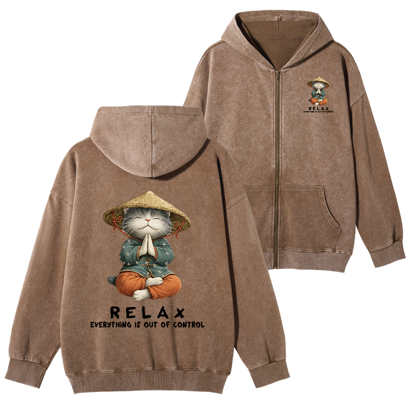 Tokyo-Tiger Zen Relax Cat Graphic Washed Zip Hoodie