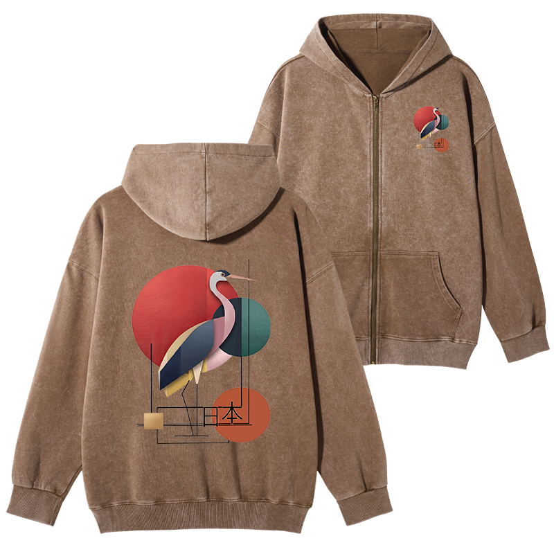 Tokyo-Tiger Geometric Crane Art Washed Zip Hoodie