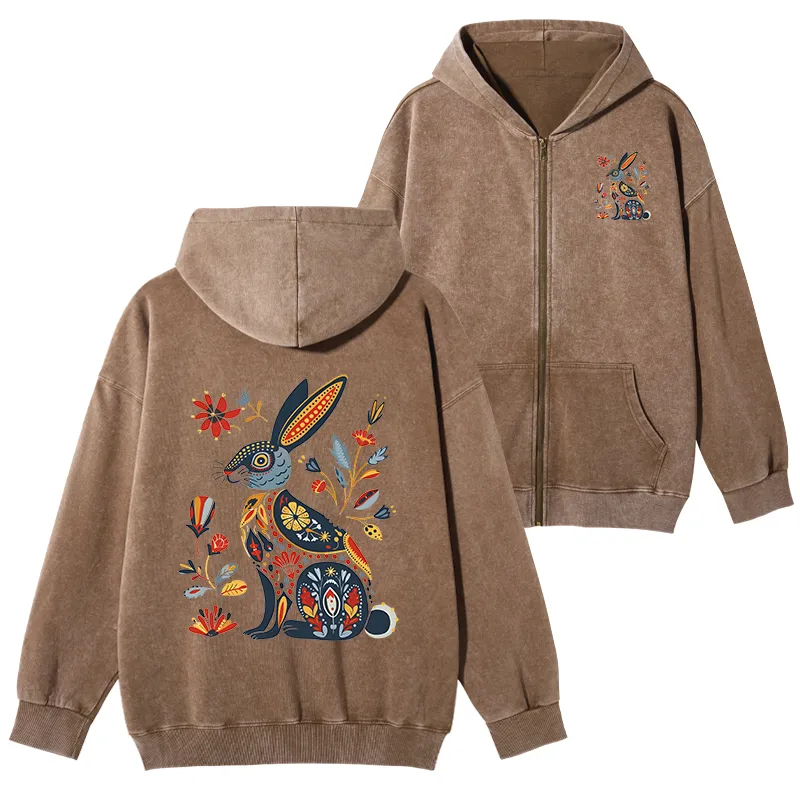 Tokyo-Tiger Folk Hare Bloom Washed Zip Hoodie