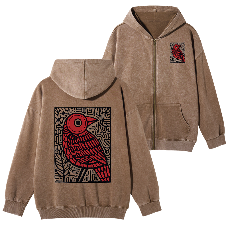 Tokyo-Tiger Retro Woodblock Bird Washed Zip Hoodie