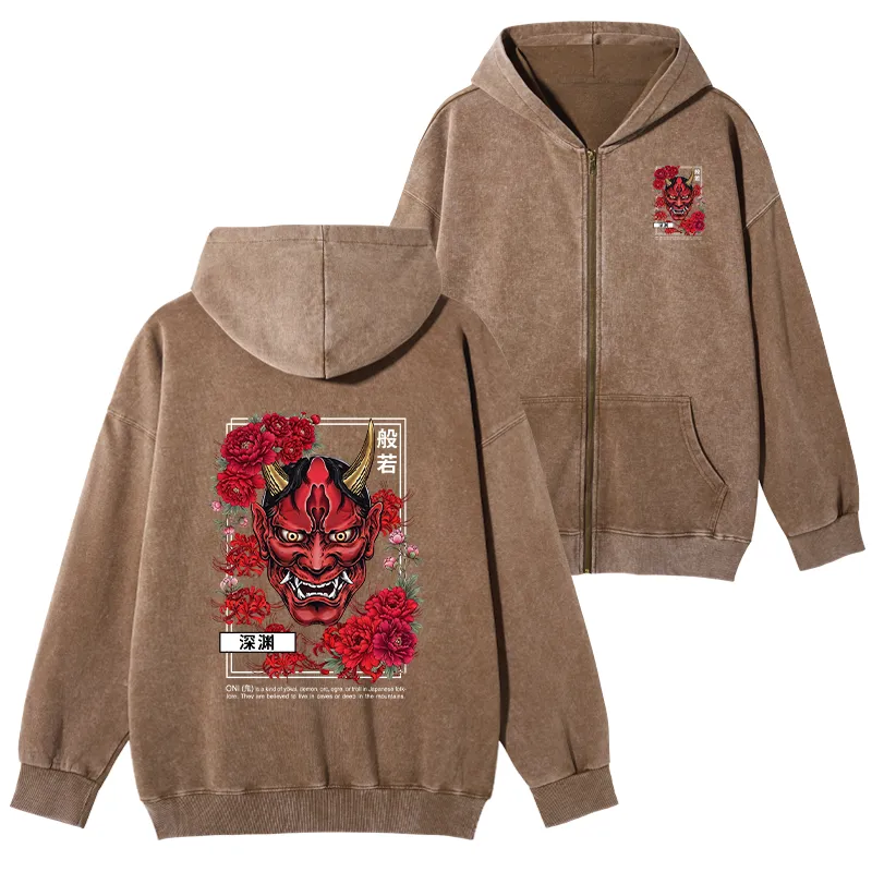 Tokyo-Tiger Cool Oni Floral Art Washed Zip Hoodie