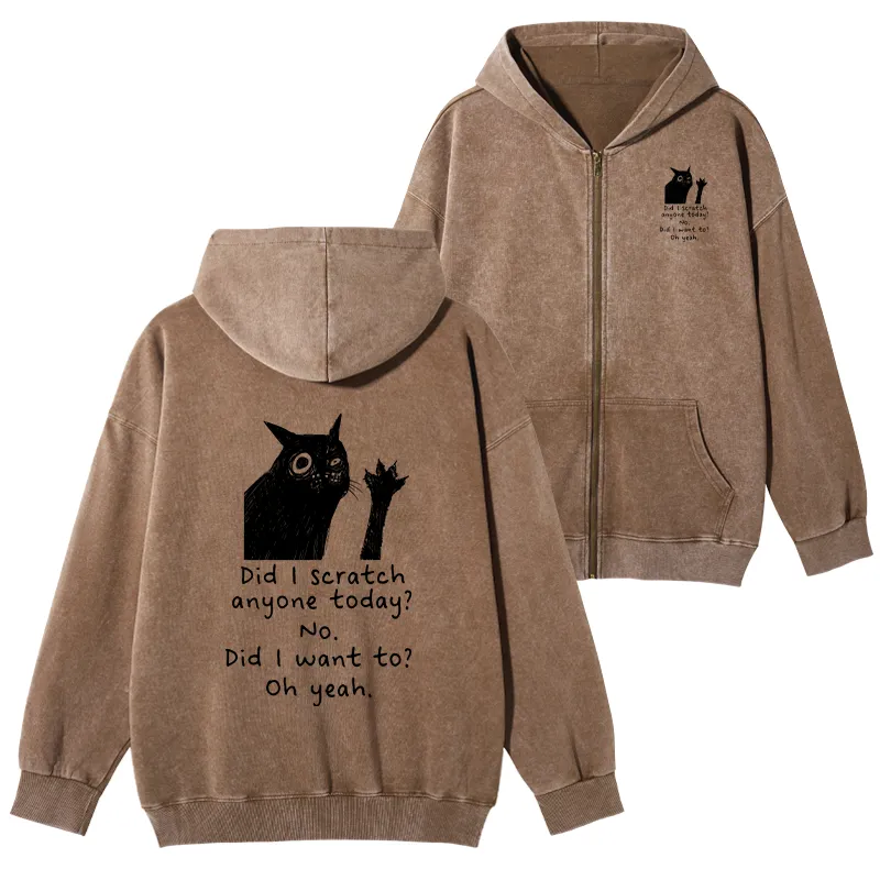 Tokyo-Tiger Black Cat Scratches People Washed Zip Hoodie