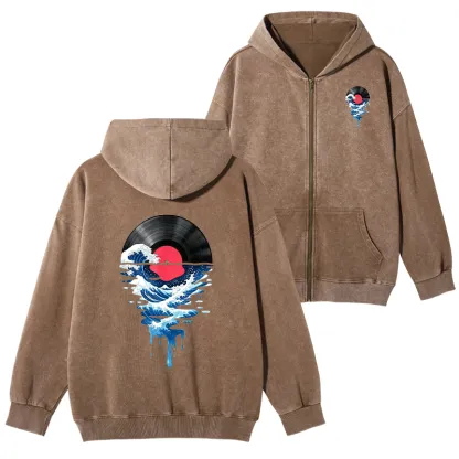 Tokyo-Tiger Vinyl Records And Waves Washed Zip Hoodie