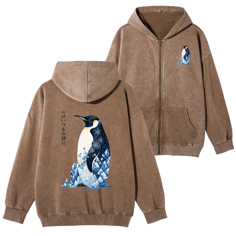 Tokyo-Tiger Keep Calm Penguin Washed Zip Hoodie