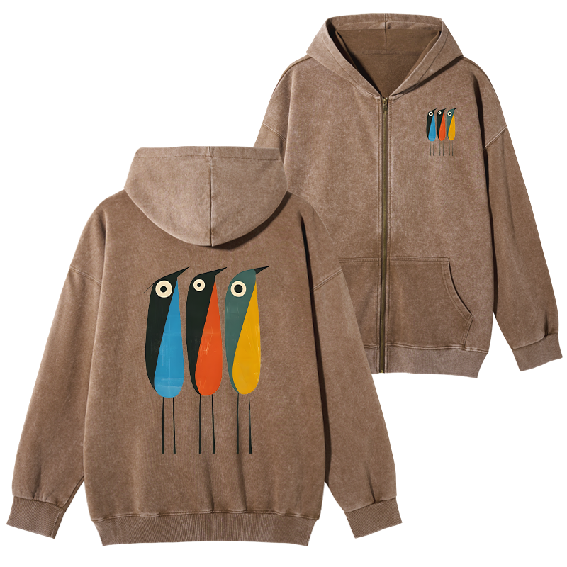 Tokyo-Tiger Bold Shape Birds Washed Zip Hoodie