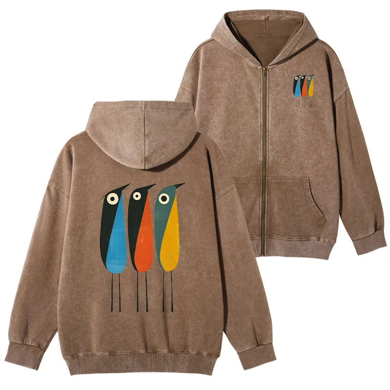 Tokyo-Tiger Bold Shape Birds Washed Zip Hoodie