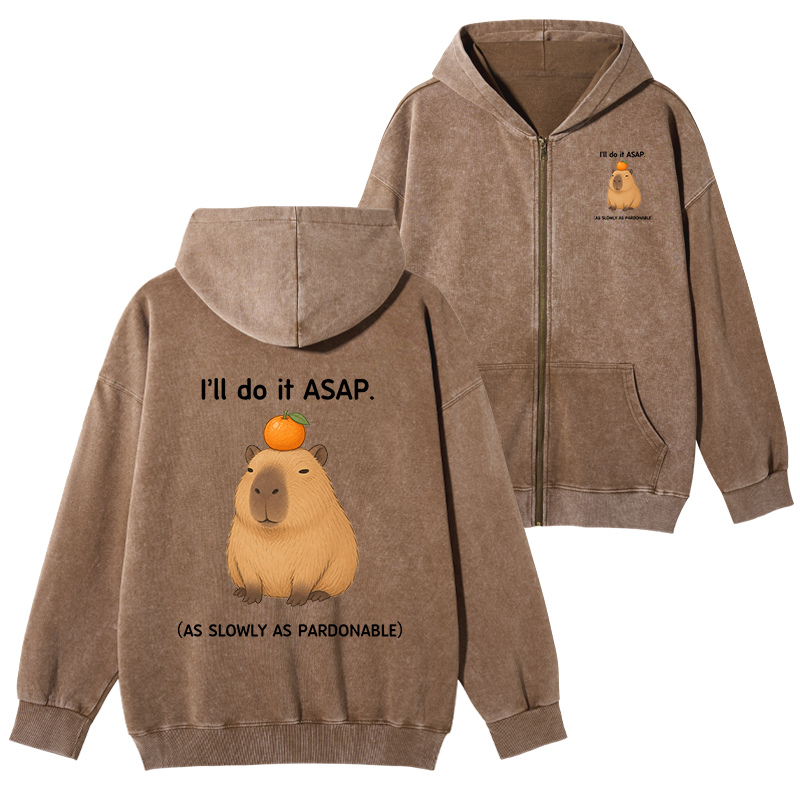 Tokyo-Tiger Slow Task Capybara Meme Washed Zip Hoodie