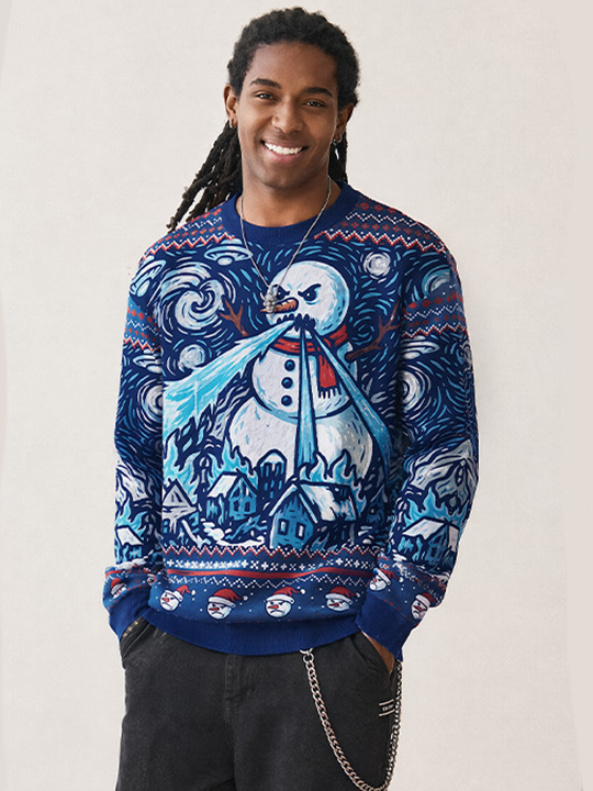 Tokyo-Tiger Starry Night Style Angry Snowman Laser Breath Fuzzy Christmas Ugly Sweatshirt