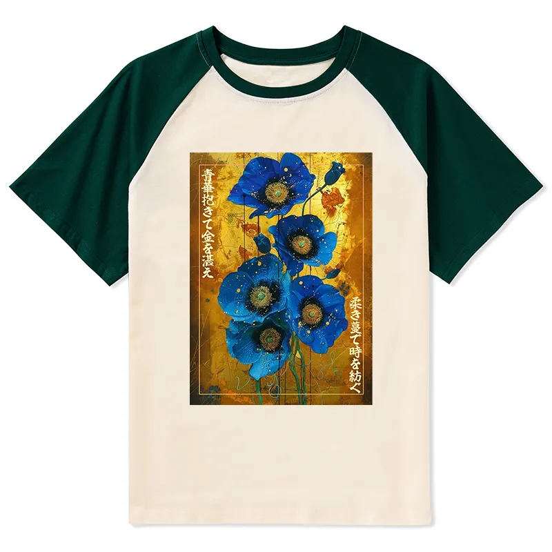 Tokyo-Tiger Shiny Blue Flower Warm Golden Background Raglan T-shirt