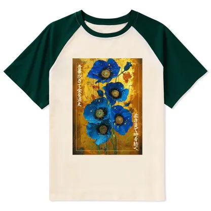 Tokyo-Tiger Shiny Blue Flower Warm Golden Background Raglan T-shirt