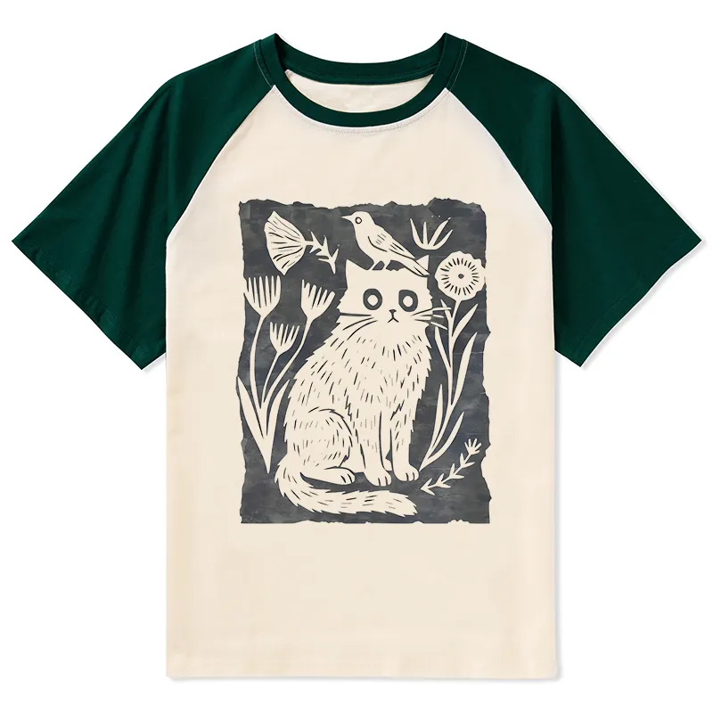 Tokyo-Tiger Folk Paper Cut Cat Bird Floral Art Raglan T-shirt