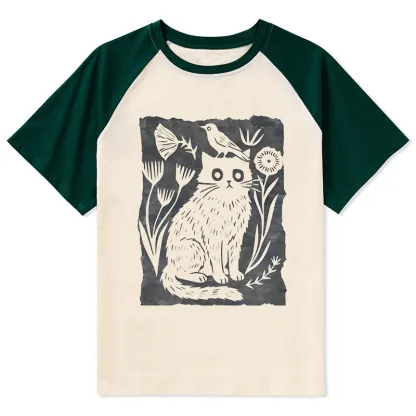 Tokyo-Tiger Folk Paper Cut Cat Bird Floral Art Raglan T-shirt