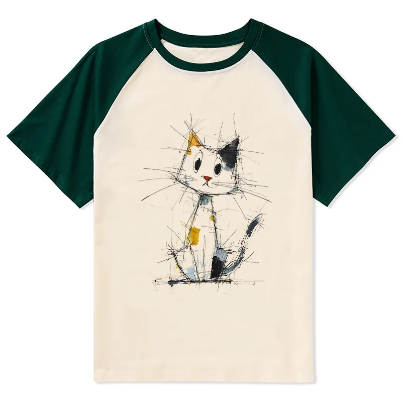 Tokyo-Tiger Minimal Splash Ink Cute Cat Raglan T-shirt