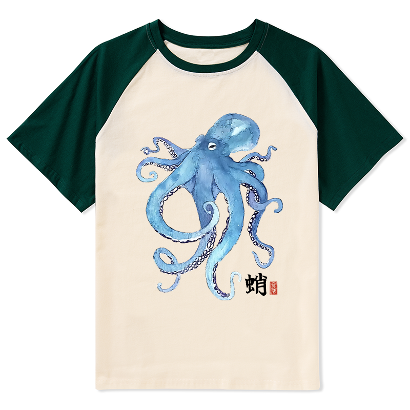 Tokyo-Tiger Watercolor Blue Octopus Raglan T-shirt