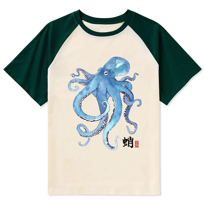 Tokyo-Tiger Watercolor Blue Octopus Raglan T-shirt