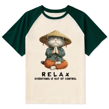 Tokyo-Tiger Zen Relax Cat Graphic Raglan T-shirt