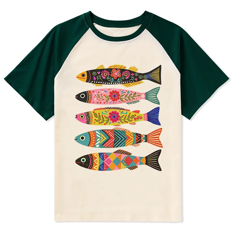 Tokyo-Tiger Colorful Patterned Fish Raglan T-shirt Sale