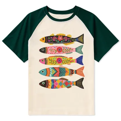 Tokyo-Tiger Colorful Patterned Fish Raglan T-shirt