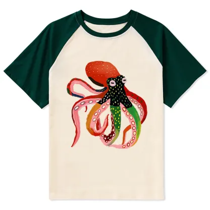 Tokyo-Tiger Colorful Octopus Art Raglan T-shirt