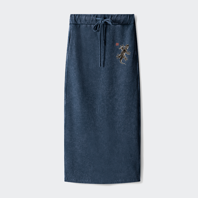 Tokyo-Tiger Minimal Asian Ink Brush Gecko Vibe Washed Terry Skirt